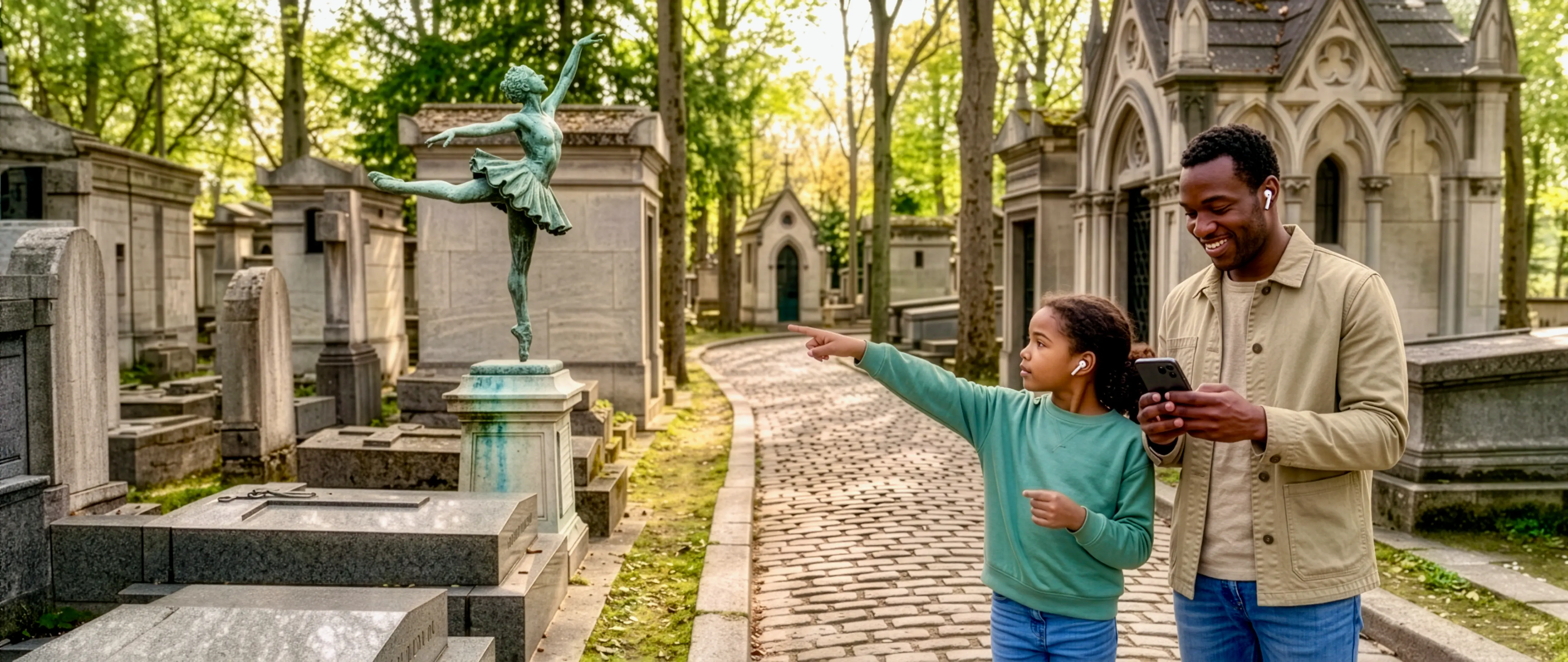Père et fille découvrant une statue avec l'audio guide du Père-Lachaise