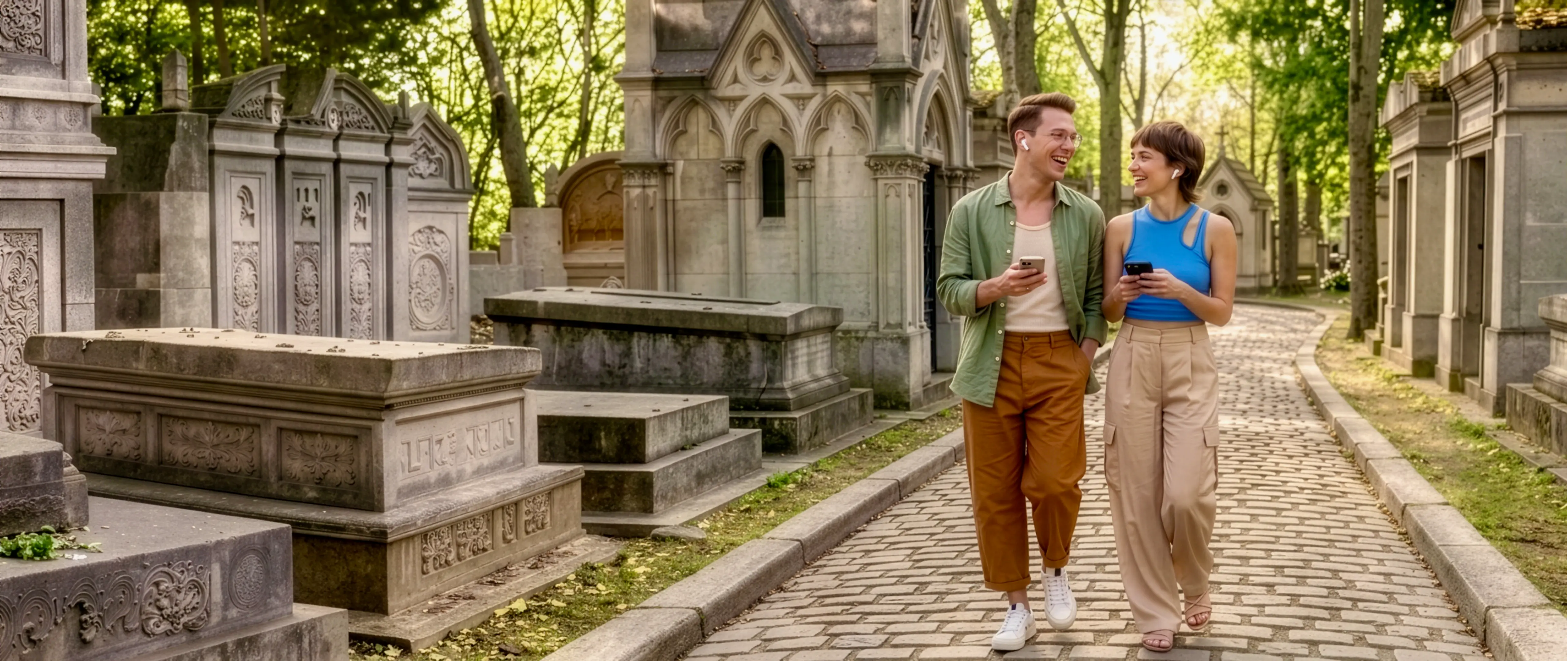 Couple en visite avec l'audio guide dans une allée du Père-Lachaise