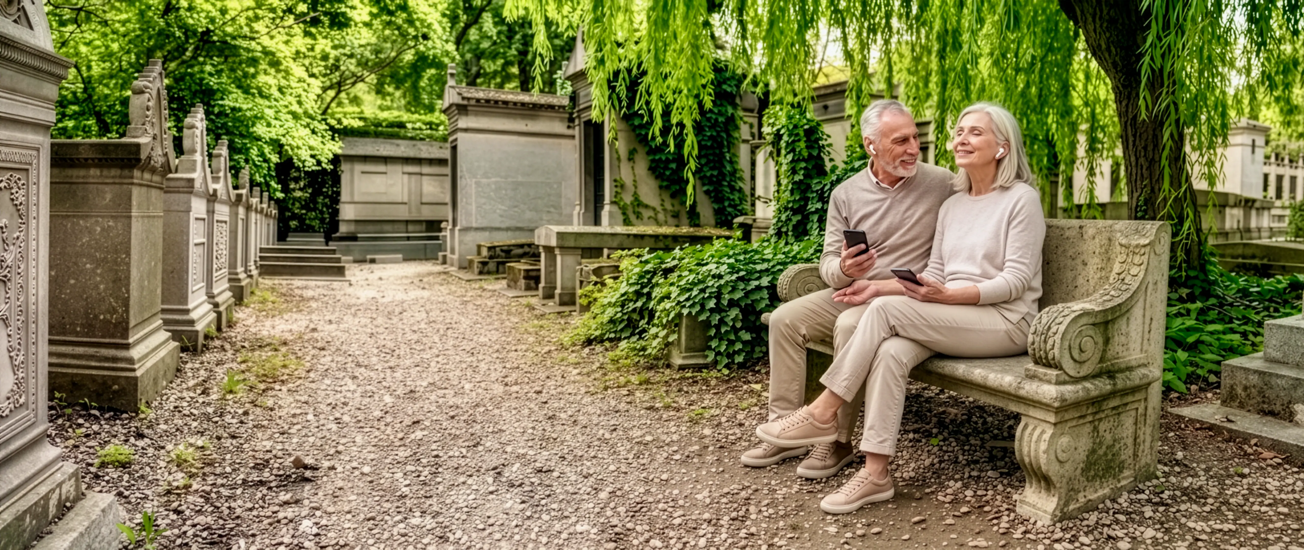 Couple de seniors écoutant l'audio guide sur un banc du Père-Lachaise