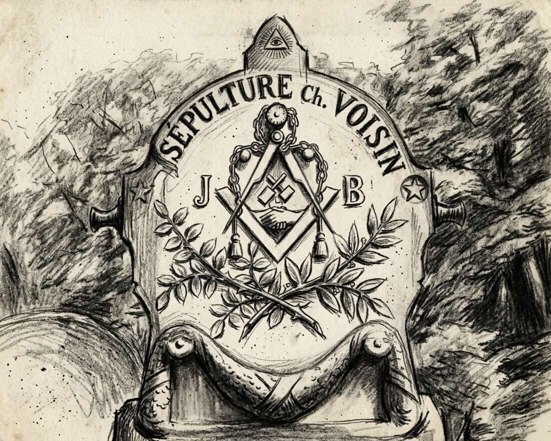 Sépulture maçonnique ornée d'une équerre et d'un compas