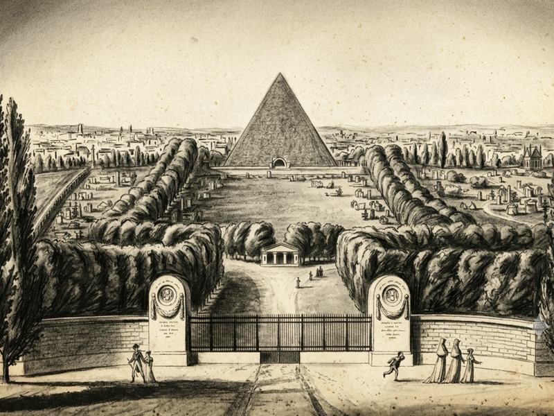 Le projet de pyramide de Brongniart dominant le cimetière de l'Est, vue perspective