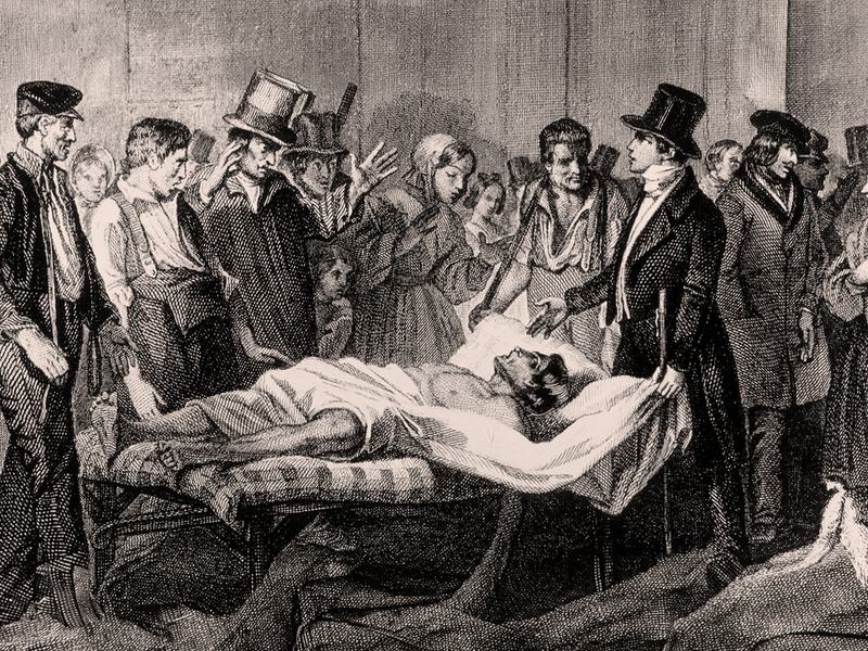 Malade du choléra entouré de badauds, gravure de 1832