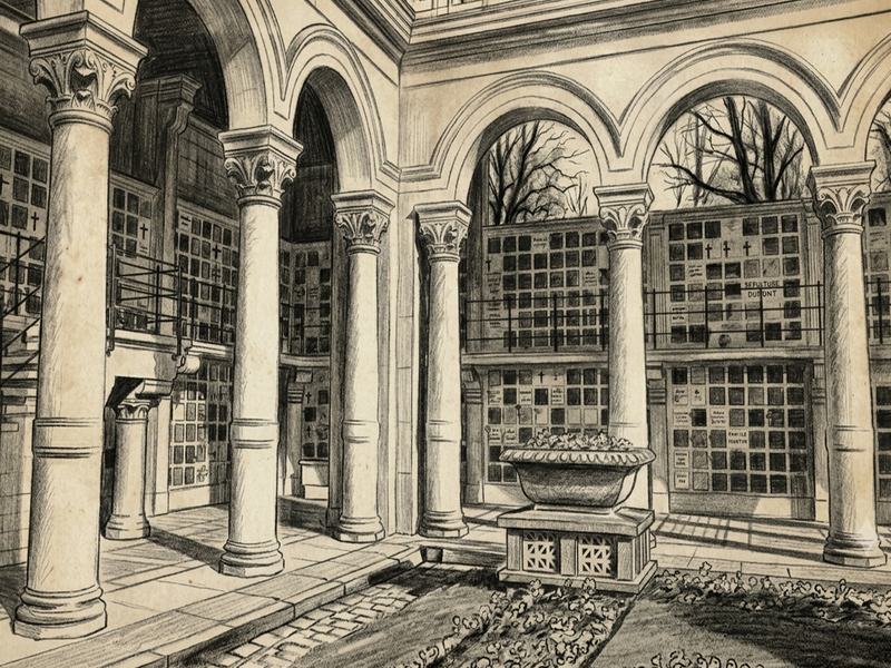 Les arcades à colonnes du columbarium du Père-Lachaise et ses cases numérotées