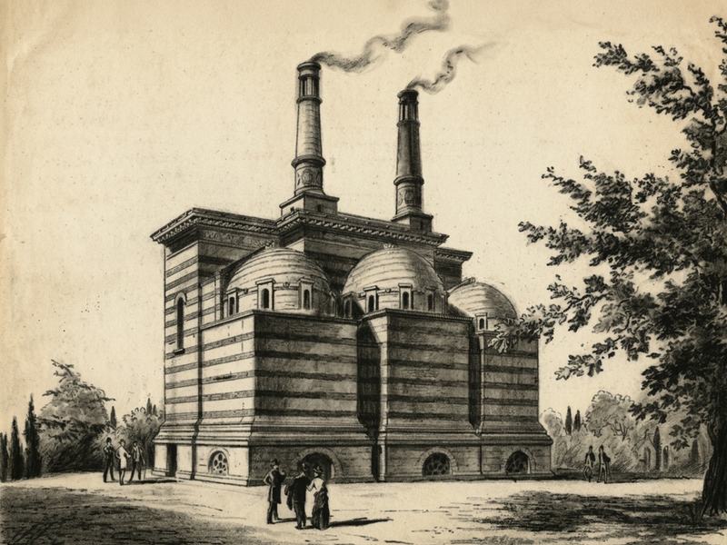 Le crématorium néo-byzantin de Formigé, cheminées fumantes, à la fin du XIXᵉ siècle