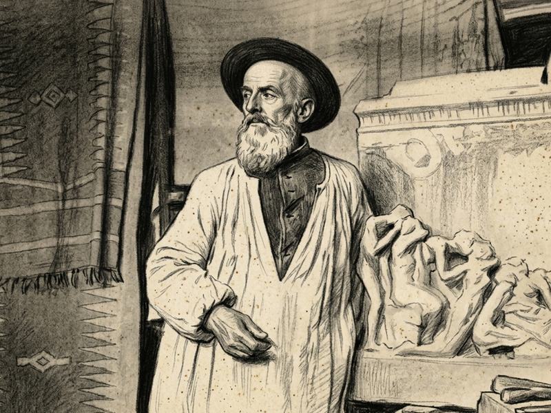 Portrait du sculpteur Paul-Albert Bartholomé en blouse devant le Monument aux morts
