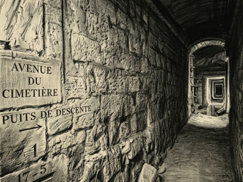 Galerie souterraine voûtée portant les plaques « Avenue du cimetière » et « Puits de descente »
