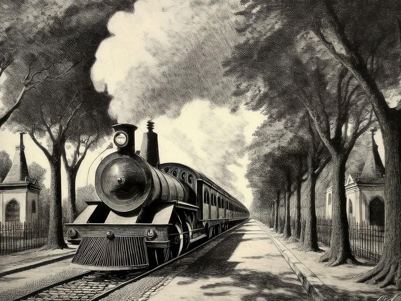 Locomotive à vapeur remontant une allée du cimetière, projet de train funéraire