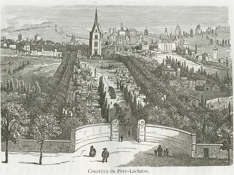 Gravure ancienne du cimetière du Père-Lachaise et de Paris