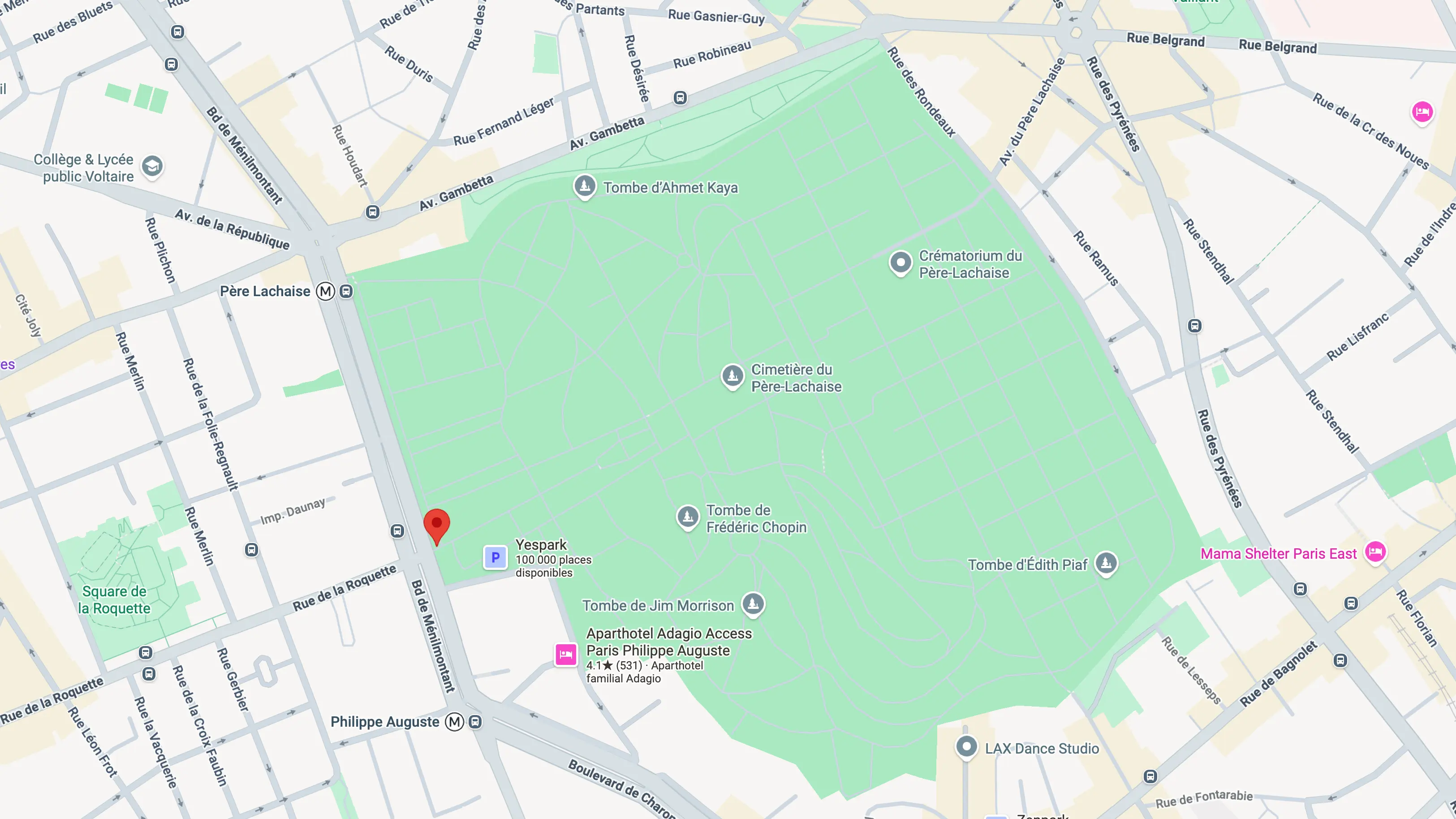 Plan d'accès&nbsp;: entrée principale du Père-Lachaise, boulevard de Ménilmontant, à l'angle de la rue de la Roquette.