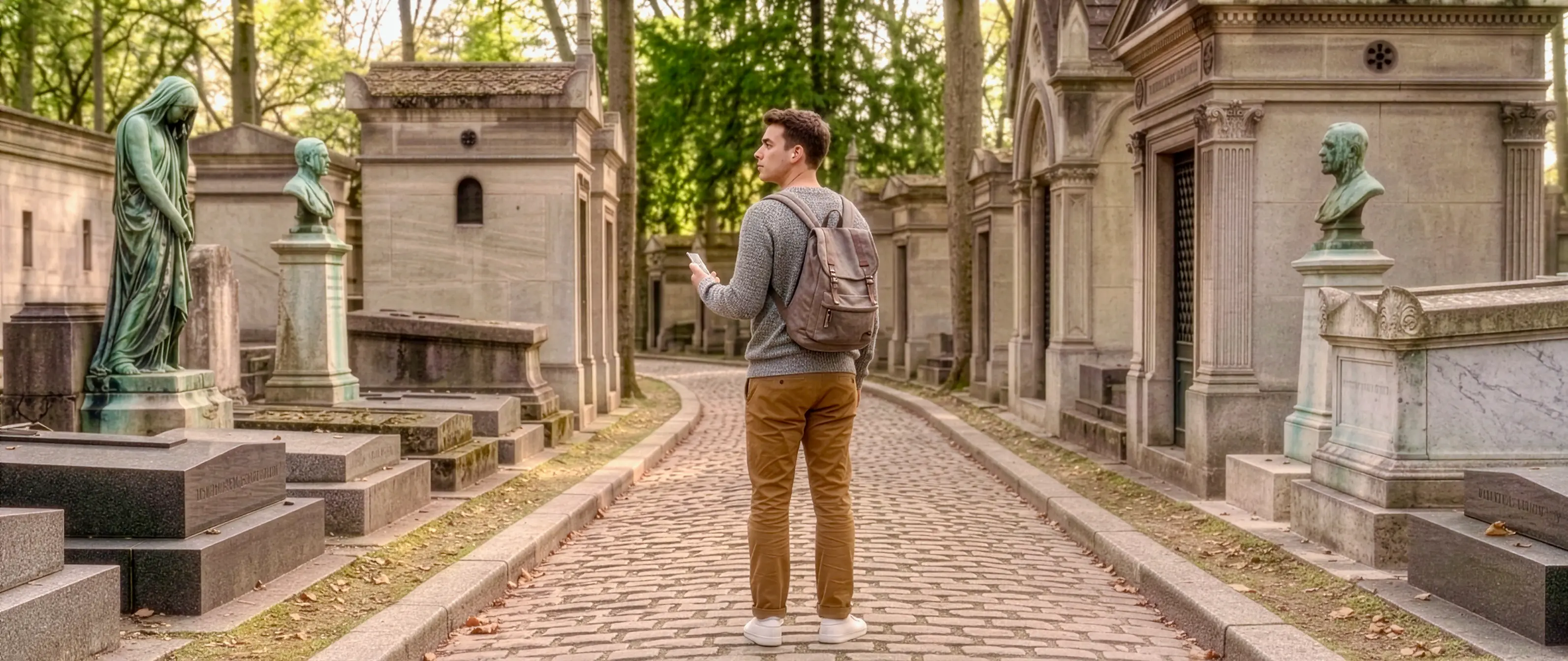 Un visiteur consulte l'audio guide au milieu d'une allée pavée du Père-Lachaise