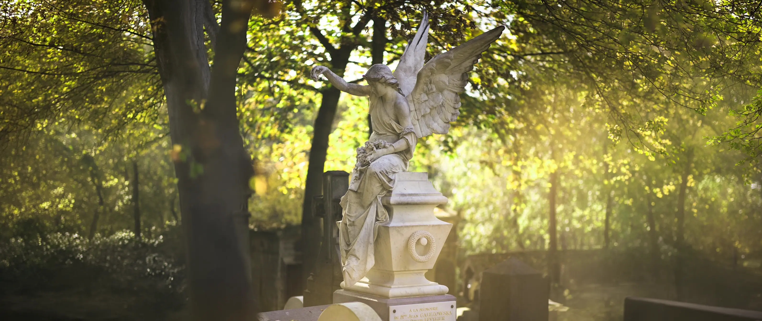 Ange funéraire au Père-Lachaise dans la lumière automnale
