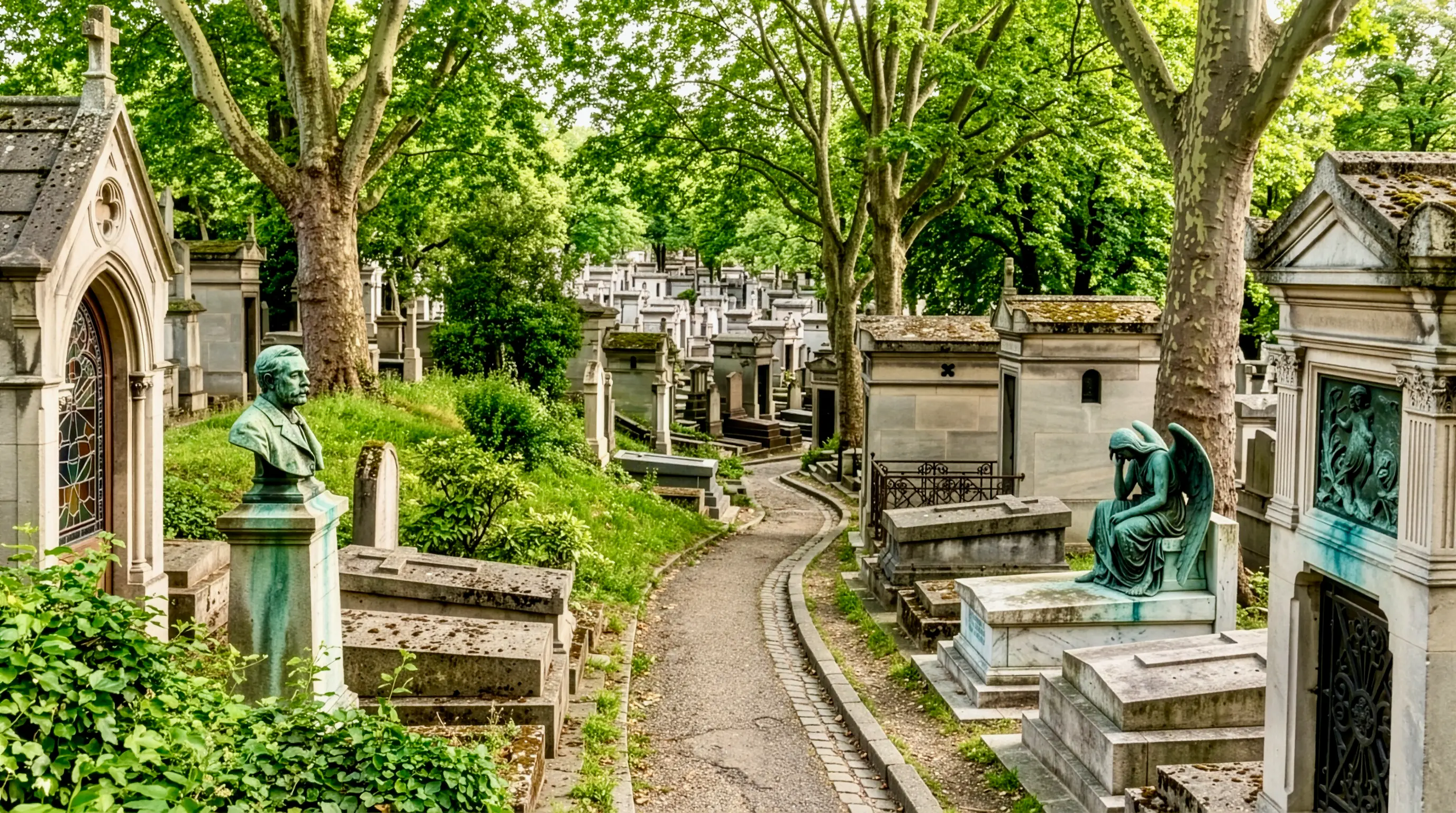 Allée arborée et sépultures du cimetière du Père-Lachaise sous le soleil